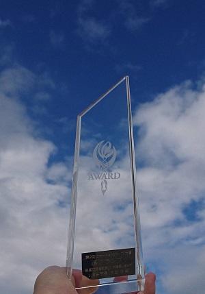 プレート状で縦長な半透明の、 AWARDと書かれたトロフィーを、青空にかざして空を透かしている写真