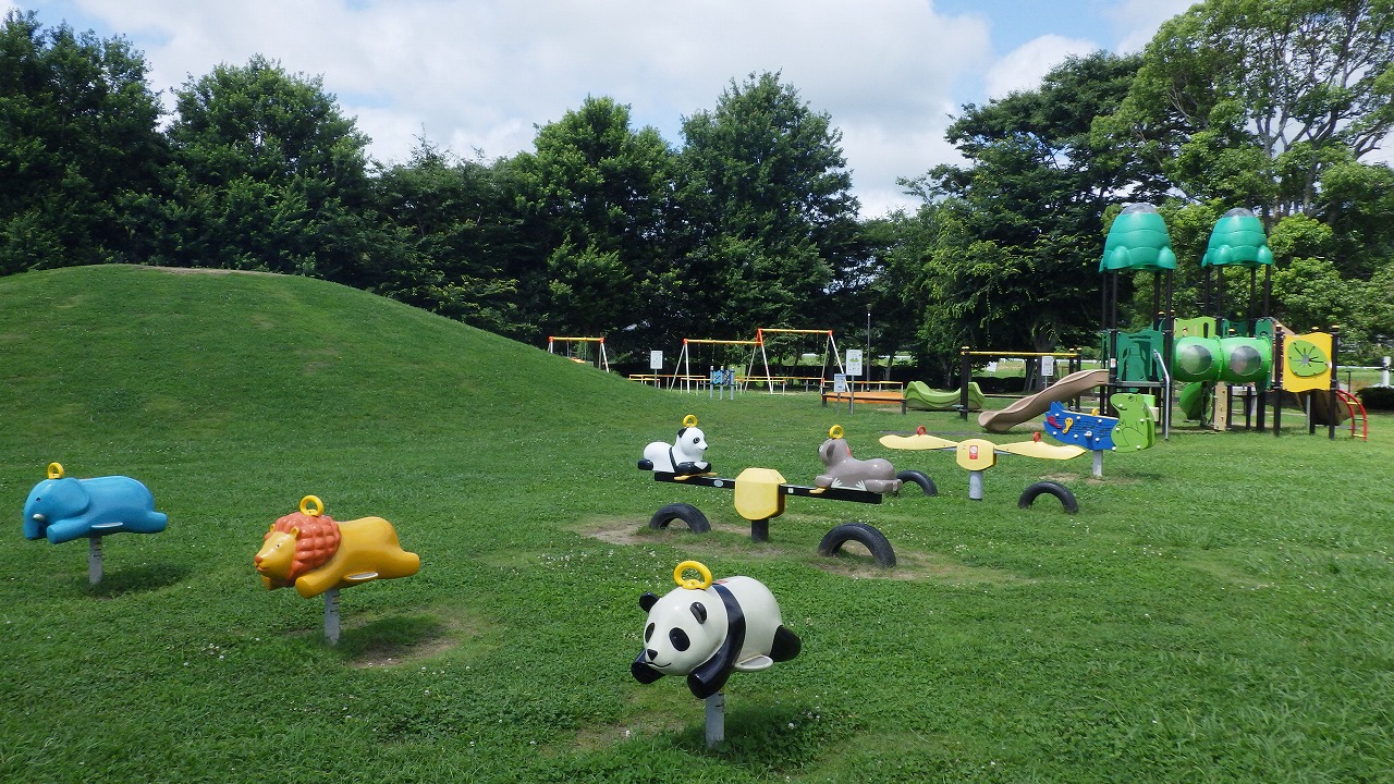 古沢公園 遊具の写真（スイング遊具とシーソー）