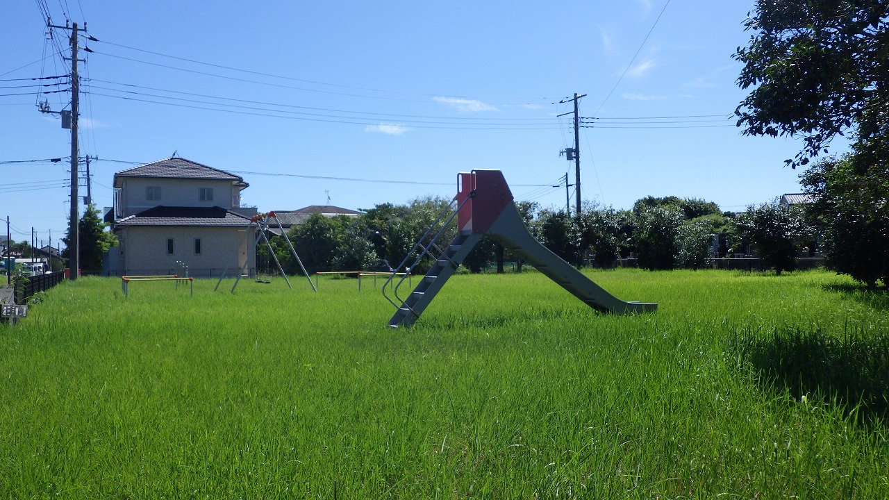 塩田公園の全体写真。芝生の上にすべり台やブランコが写っています。