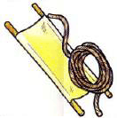 茶色いロープが付いている、黄色い布の担架のイラスト
