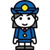 黄色い四角いマークが中央に付いた青い帽子を被り、青い制服を着た女性警察官のイラスト