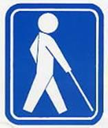 青い背景に、白い杖をついて右に向かって歩く人のマーク