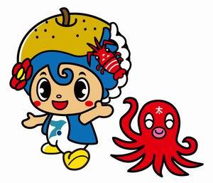 いすみ市のマスコットキャラクターいすみんが額に「太」と書かれた赤い蛸を模したキャラクターと並んで一緒に両手を広げているイラスト