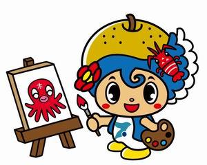 頭に「太」と文字の入った赤い蛸を模したキャラクターが描かれた白いキャンバスをのせた茶色い画台を左に置いて右手に赤い色の付いた筆左手に5色の絵の具のパレットを持っているいすみ市のマスコットキャラクターいすみんのイラスト