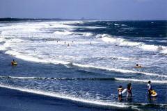 青い空の下、白波が立つ海で人々がサーフィンを楽しんでいる太東海水浴場の写真