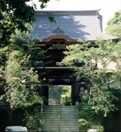 両側に木々が並び、中央に階段が有り、階段を上ると大きな櫓の門がある写真