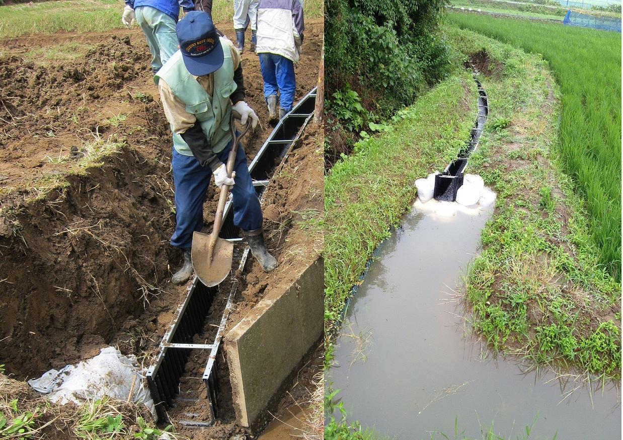 田畑の水路を掘る様子と、開通した水路の写真