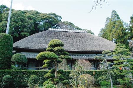 緑の生け垣に囲まれるようにして、何本もの木々に囲まれつつ佇む大きな茅葺きの屋根が特徴的な行元寺旧書院の写真